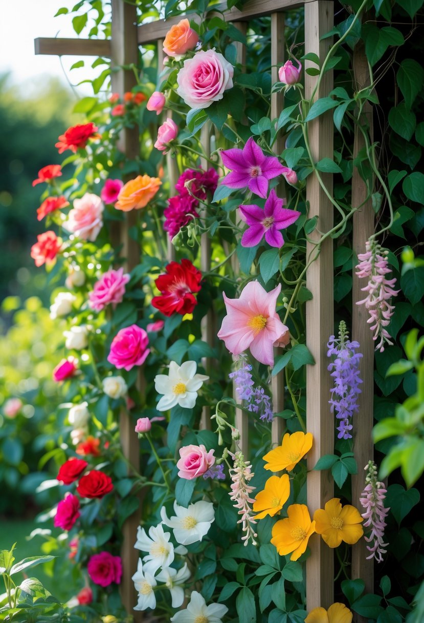 A wooden trellis covered with ten different colorful climbing flowers blooming in a sunny garden surrounded by green leaves.