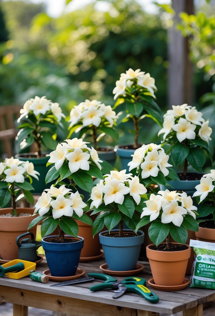Nine healthy gardenia plants with white flowers growing in pots on a wooden table outdoors with gardening tools nearby.