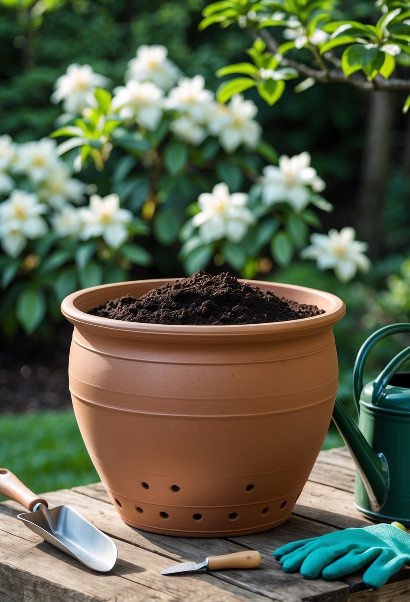A large ceramic pot with drainage holes filled with soil, surrounded by gardening tools and gardenia plants in the background.