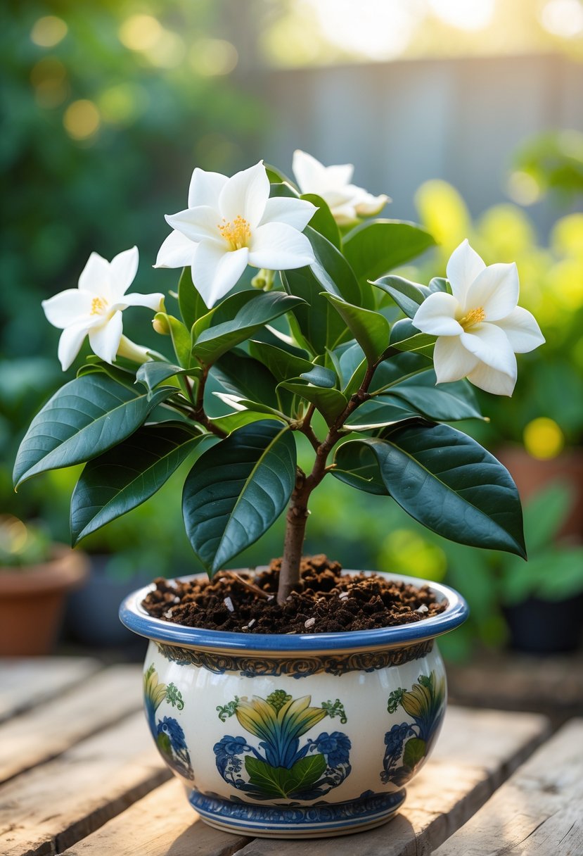 A healthy gardenia plant with white flowers growing in a pot filled with dark soil on a wooden surface.