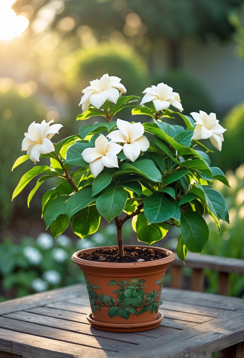 A potted gardenia plant with green leaves and white flowers on a wooden table in a garden setting.