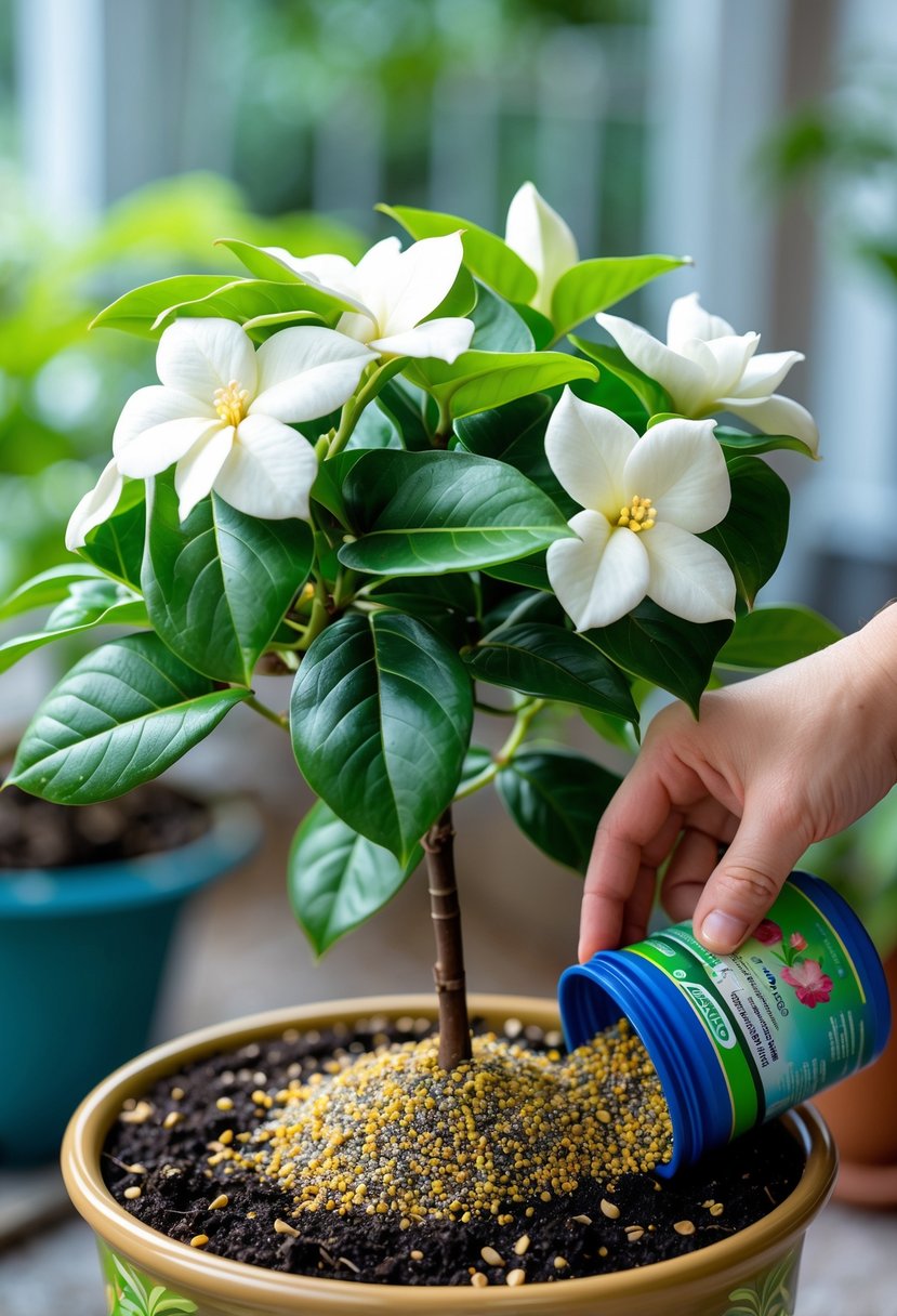 A hand fertilizing a healthy gardenia plant with white flowers growing in a pot.