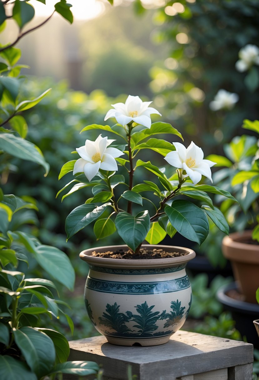 A gardenia plant with white flowers growing in a pot placed outdoors in partial sunlight surrounded by garden greenery.
