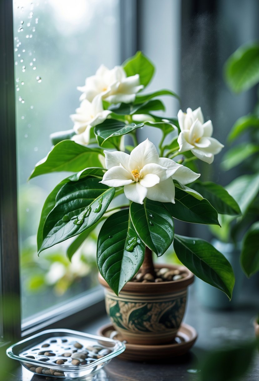 A potted gardenia plant with green leaves and white flowers indoors, surrounded by a humidity tray with water and pebbles.