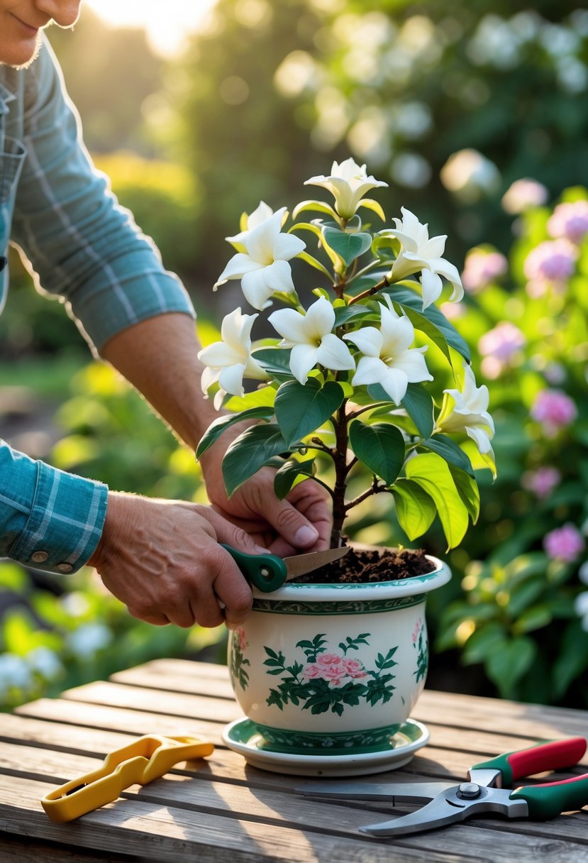 Hands pruning a blooming gardenia plant in a pot on a garden table with gardening tools nearby.