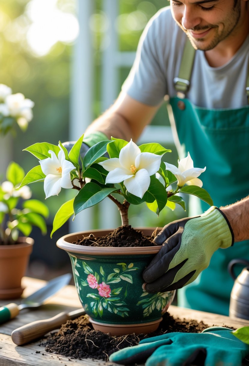 A person repotting a gardenia plant by refreshing soil and spacing its roots in a decorative pot.