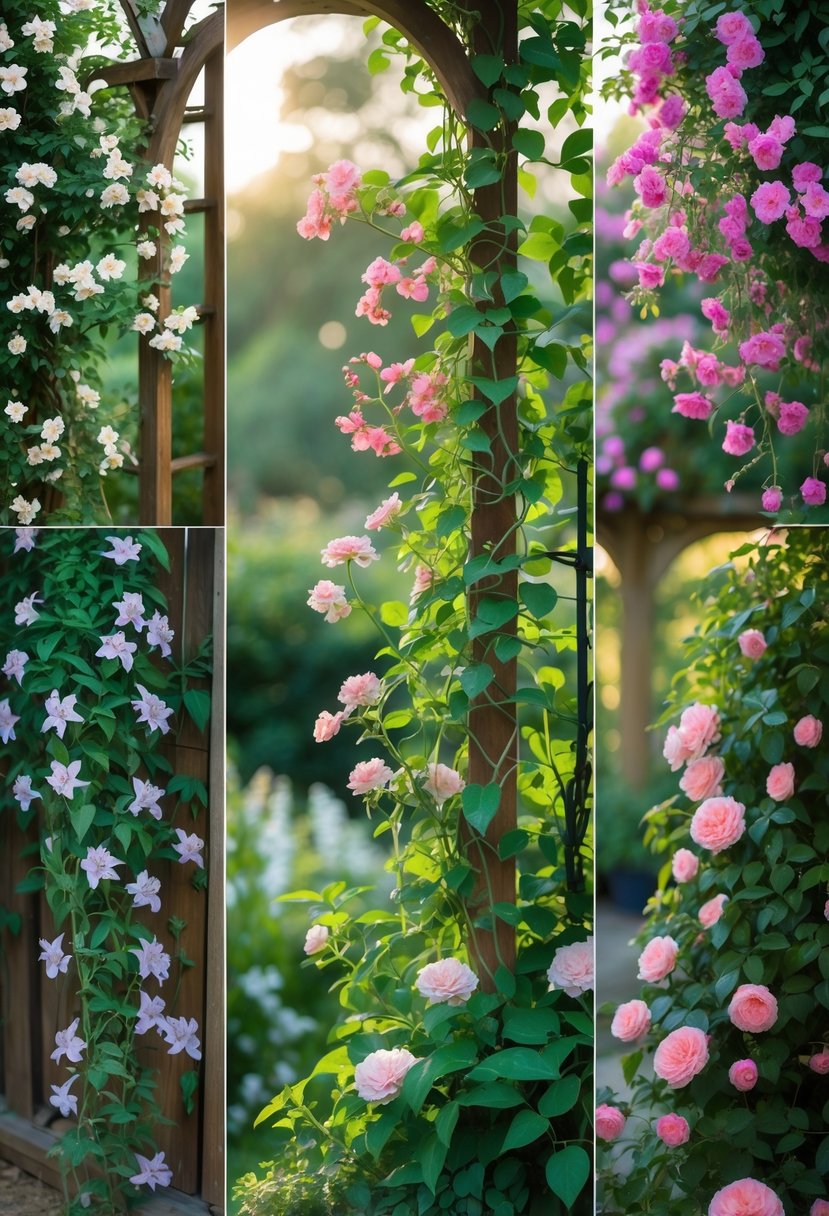 A garden scene with nine different flowering climbing vines growing on wooden trellises and arches, showing colorful blossoms and green leaves.