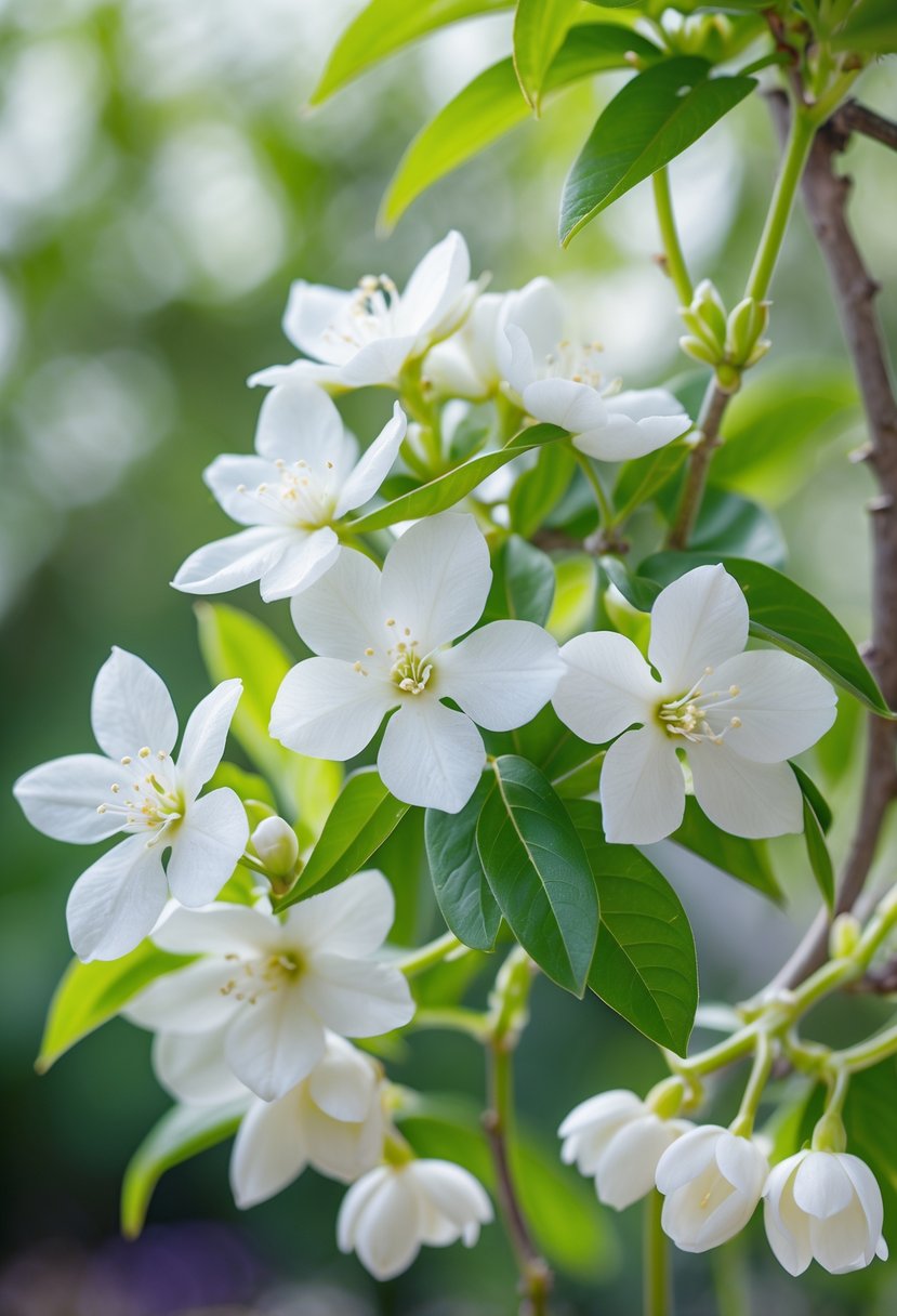 Close-up of white jasmine flowers blooming on a green vine with leaves.