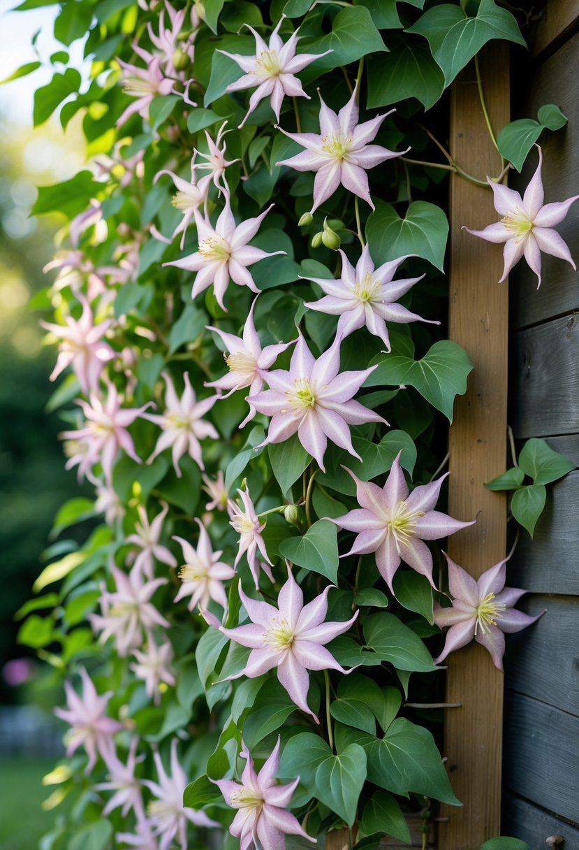 A close-up of Clematis montana vine with green leaves and many pale pink and white star-shaped flowers growing on a wooden trellis.