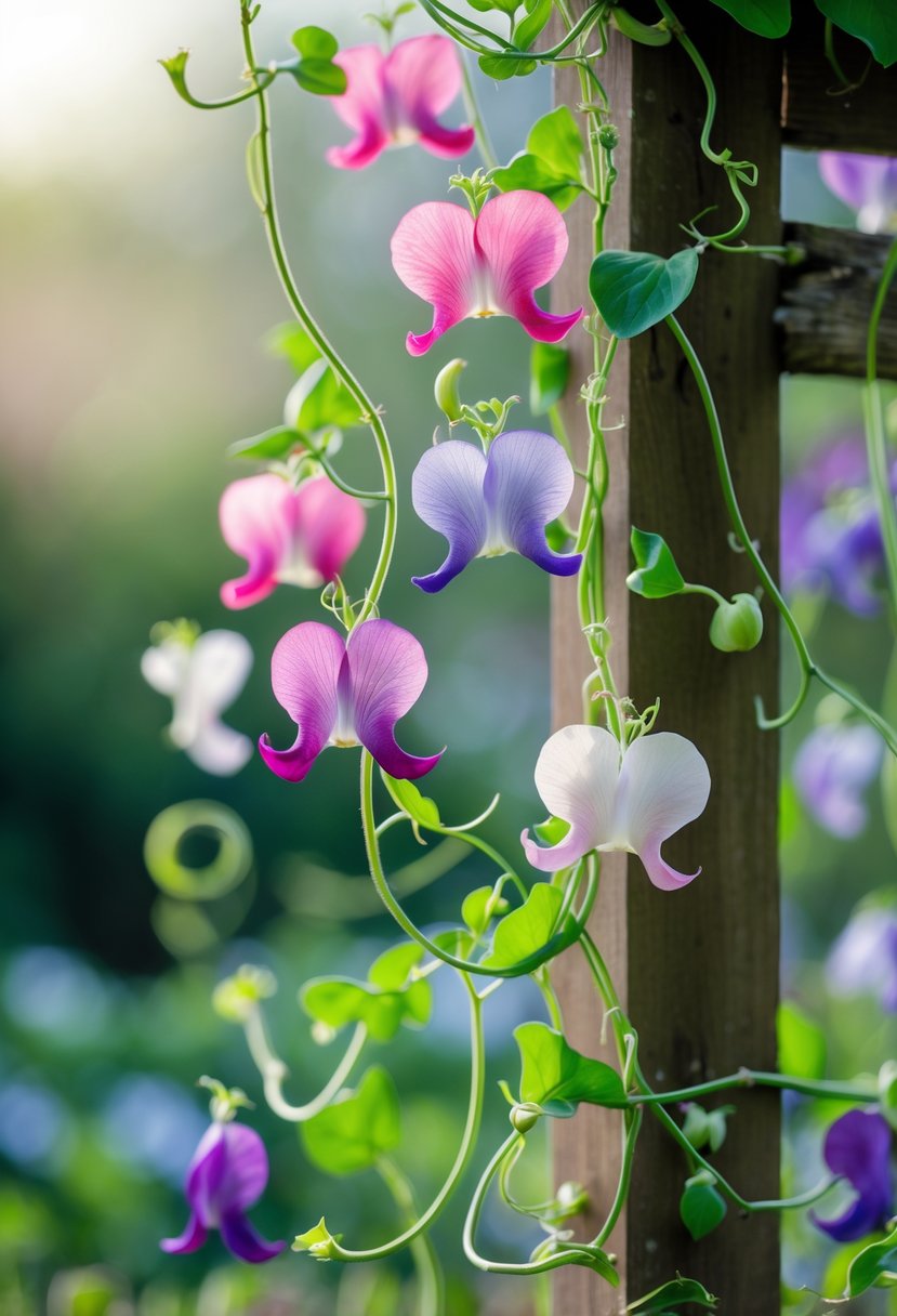 Close-up of a blooming Sweet Pea Vine with pink, purple, and white flowers growing on a wooden trellis.