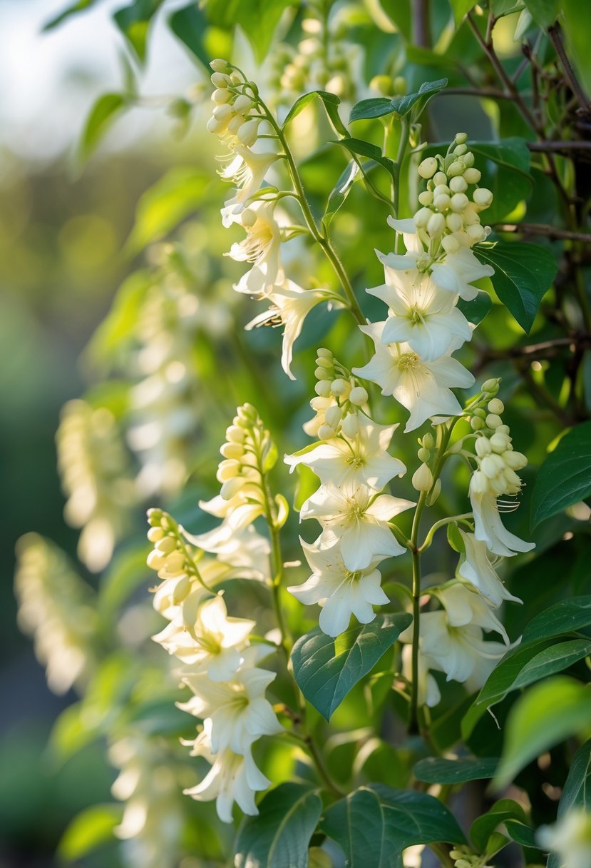 Close-up of creamy white and yellow honeysuckle flowers blooming on green leafy vines.
