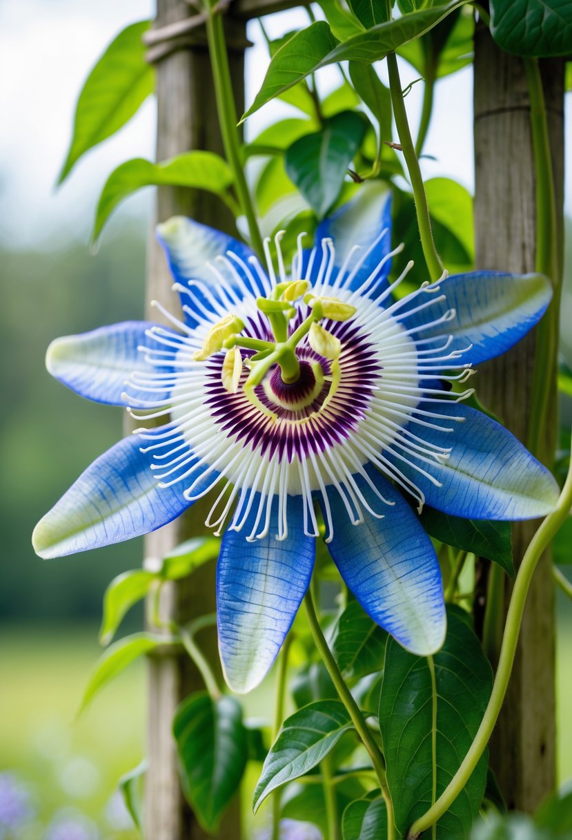 Close-up of a Passionflower vine with blue and white flowers and green leaves growing on a wooden trellis.