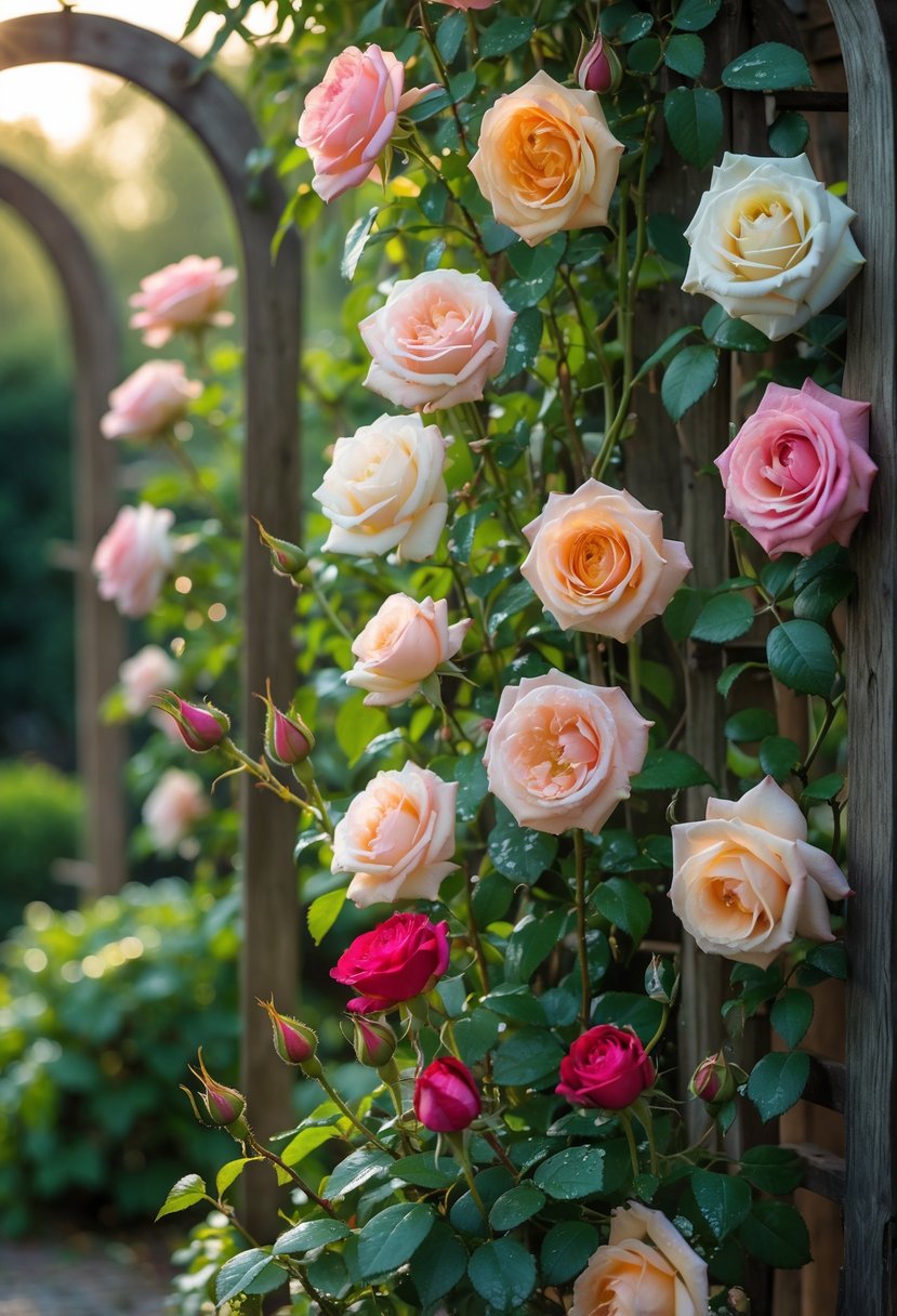 A garden scene with nine varieties of climbing roses in full bloom growing on wooden trellises and arches.