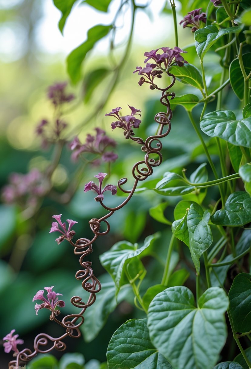 Close-up of Chocolate Vine with purple-brown flowers and green leaves on curling tendrils.