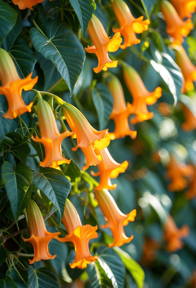 Close-up of bright orange trumpet-shaped flowers on green leafy vines.
