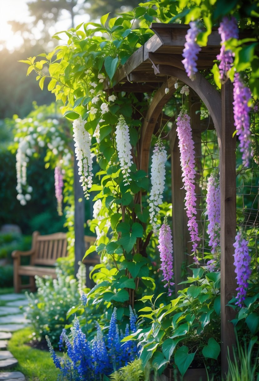 A garden with nine different types of flowering vines blooming on wooden trellises and arches, surrounded by green leaves and soft sunlight.