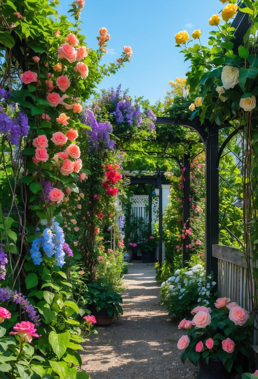A garden with nine different types of fragrant flowering vines climbing on trellises and fences under sunlight.