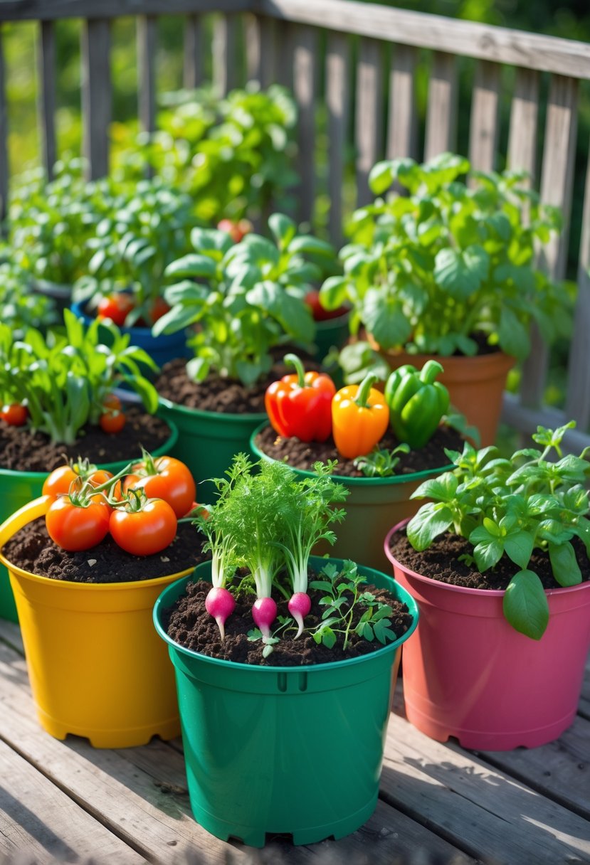 Eight different food plants growing healthily in separate buckets arranged outdoors on a wooden surface.