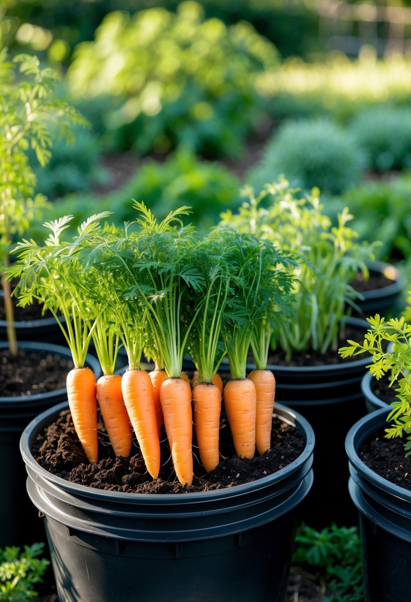 Buckets filled with various fresh vegetables including carrots growing outdoors in a garden.