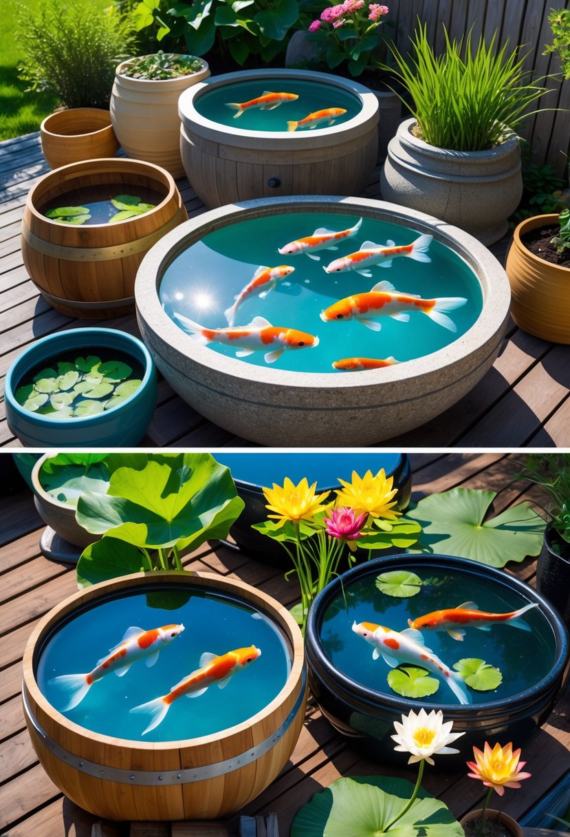 Several small container ponds with clear water, colorful fish, and aquatic plants arranged outdoors on a wooden deck surrounded by garden greenery.