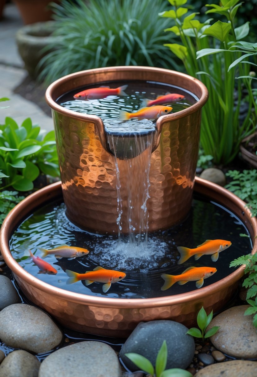A small copper container pond with a mini waterfall and colorful fish surrounded by green plants and rocks.