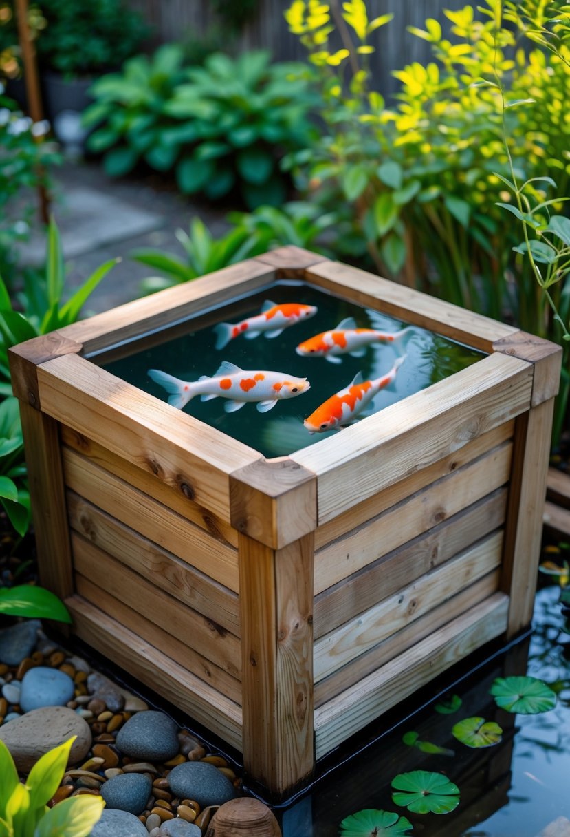 A square wooden planter filled with water containing colorful koi fish, surrounded by green plants and stones in an outdoor garden setting.