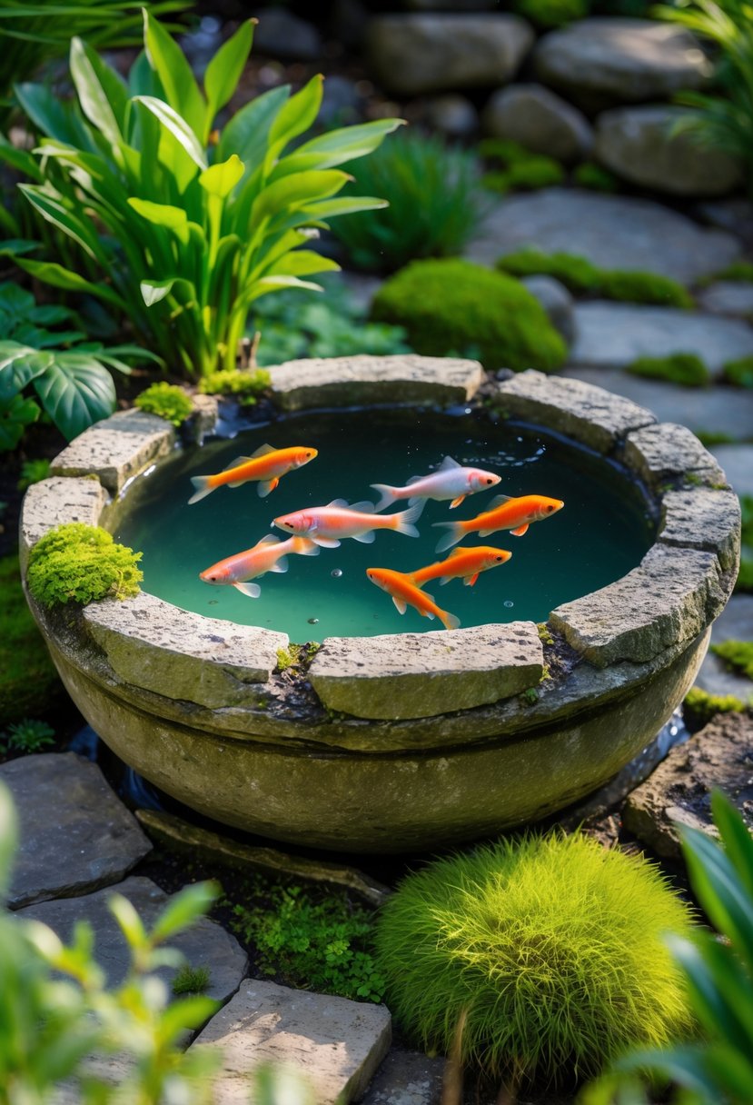 A small stone basin pond with clear water and colorful fish surrounded by green plants.