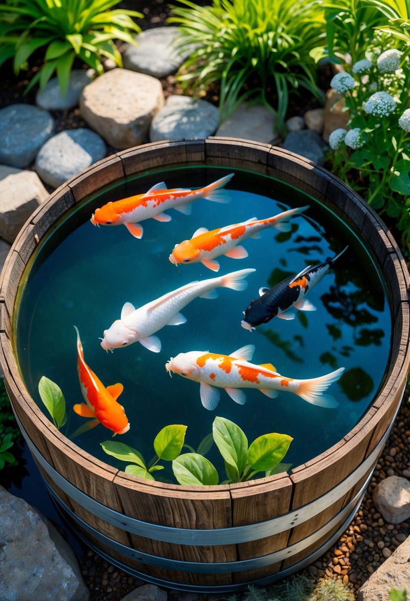 A recycled wooden barrel pond with colorful koi fish swimming inside, surrounded by green plants and stones in a garden.