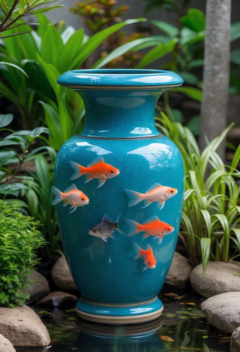 Tall ceramic urn filled with water and colorful fish, surrounded by green plants and stones in a small garden.