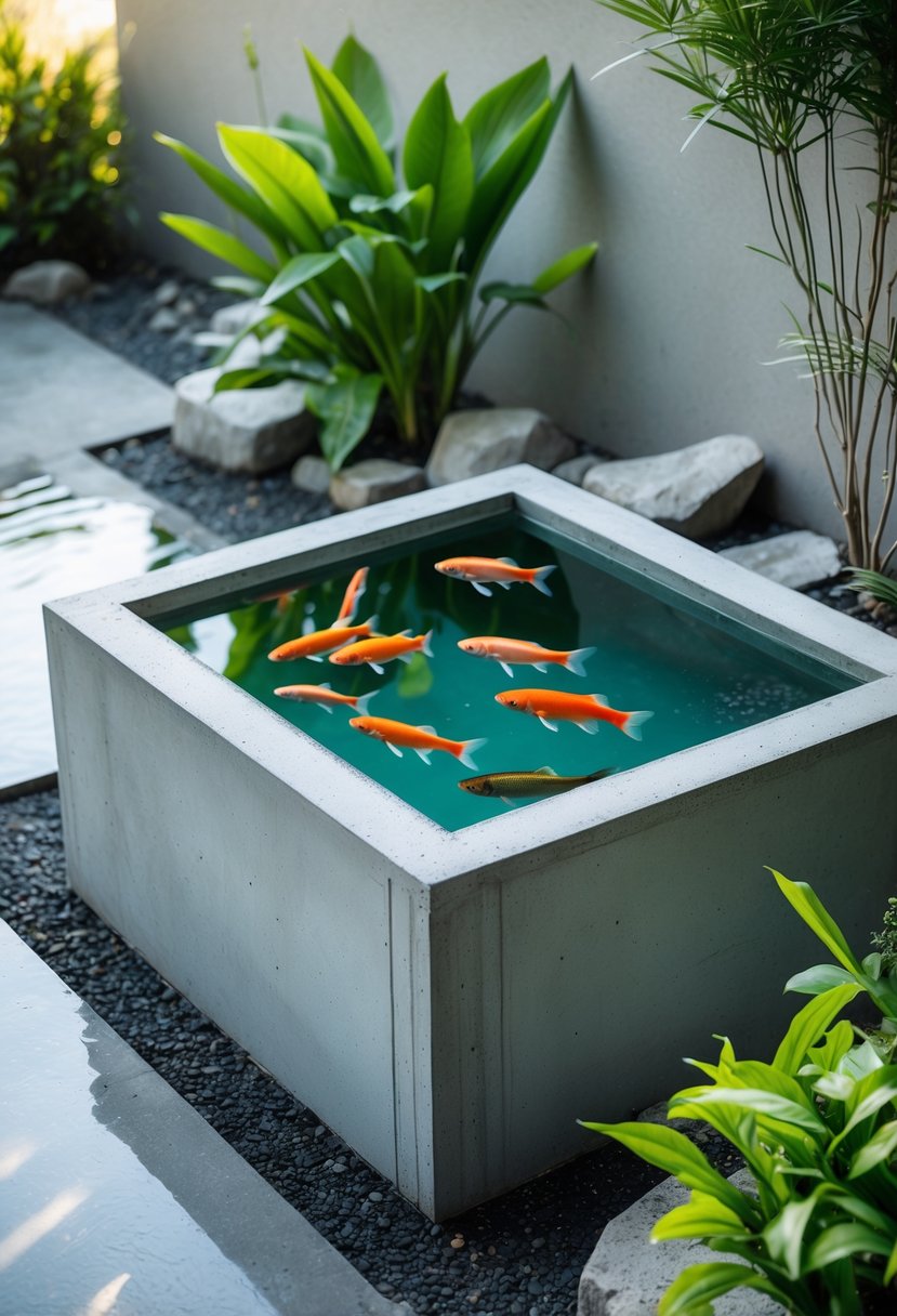 A geometric concrete container pond with clear water and colorful fish, surrounded by plants and rocks in a small garden setting.