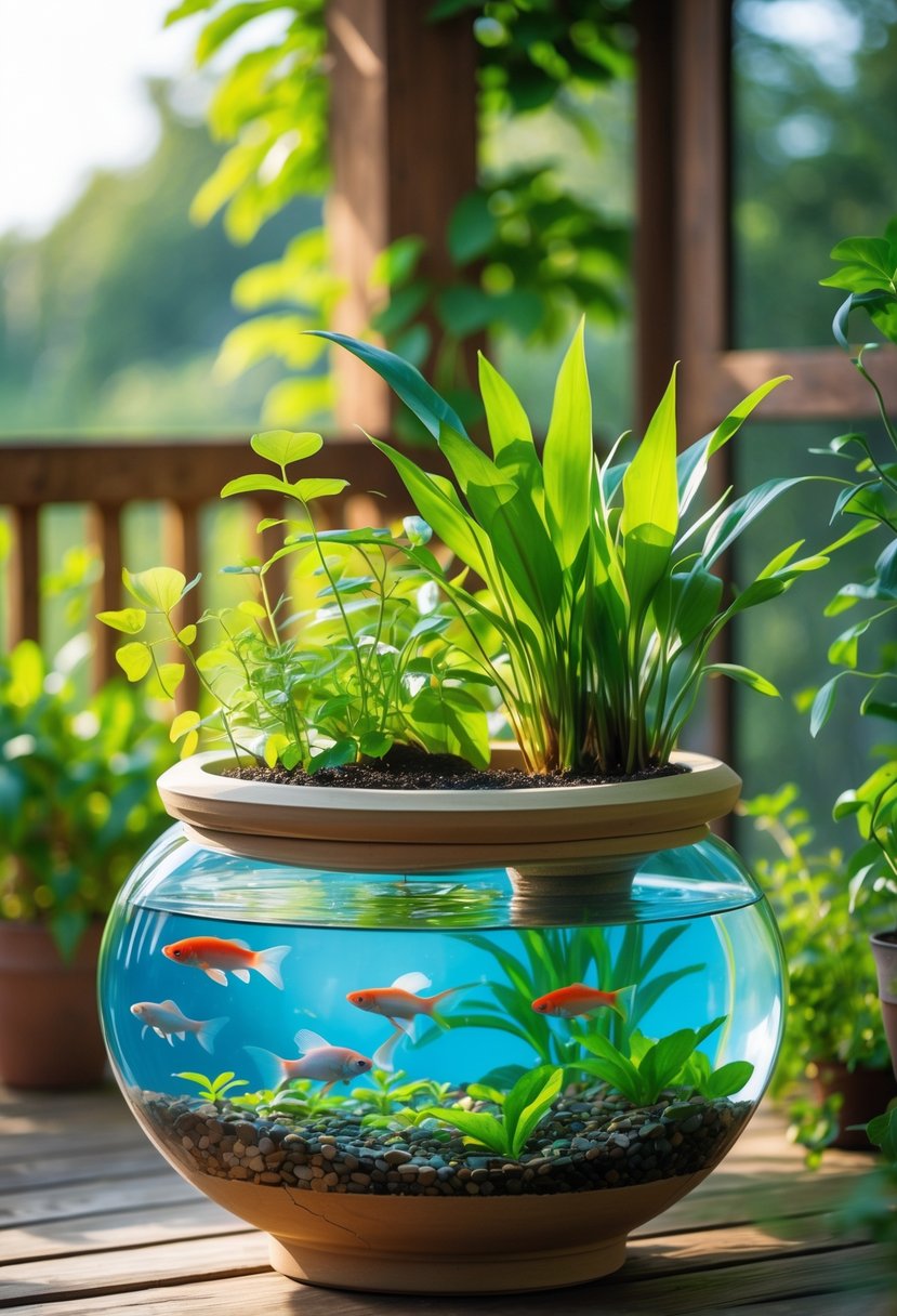 A small container pond with clear water, aquatic plants, and colorful fish on a wooden deck surrounded by greenery.