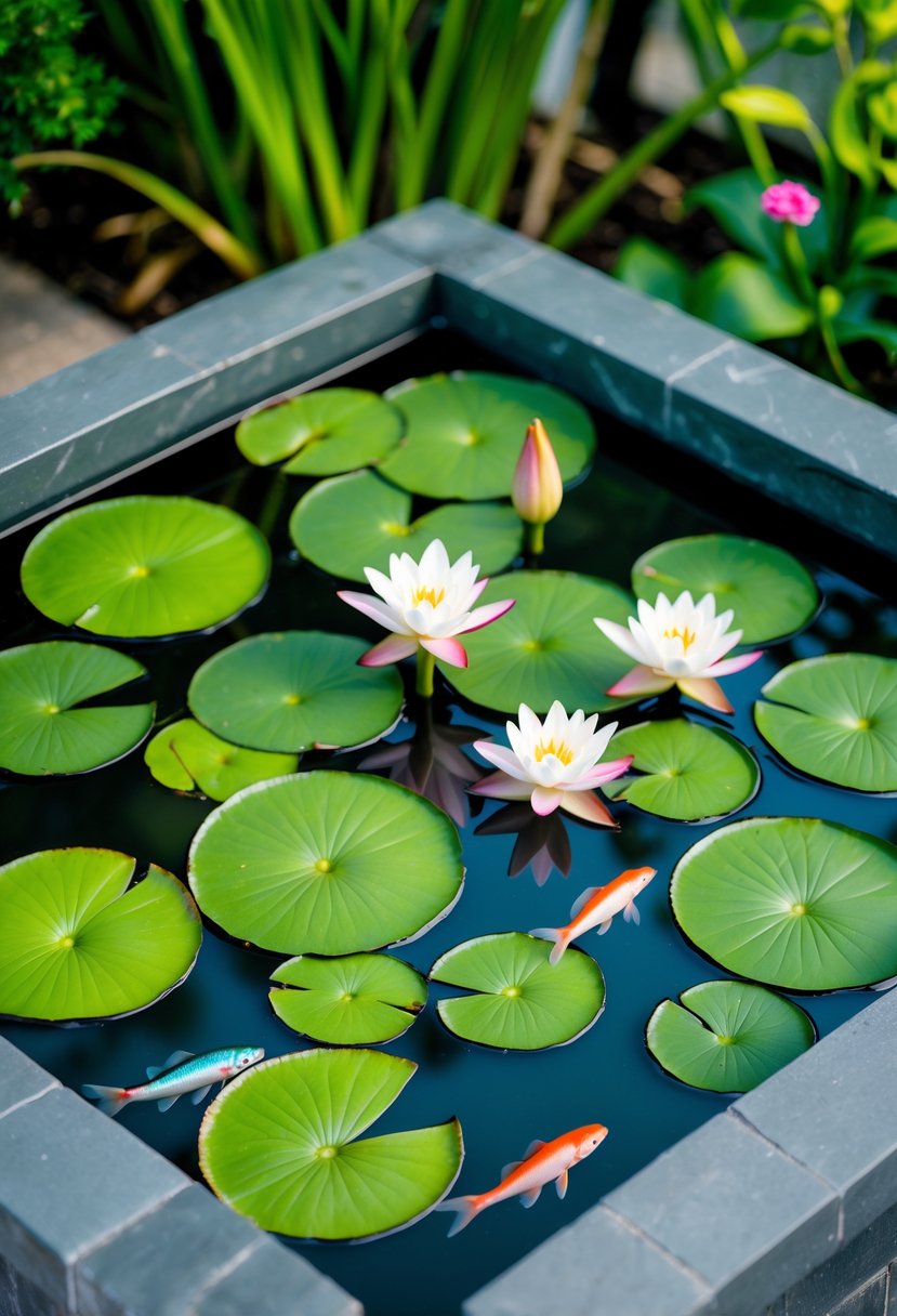 Square slate container pond with floating green lily pads, blooming lilies, and small fish swimming beneath the water.
