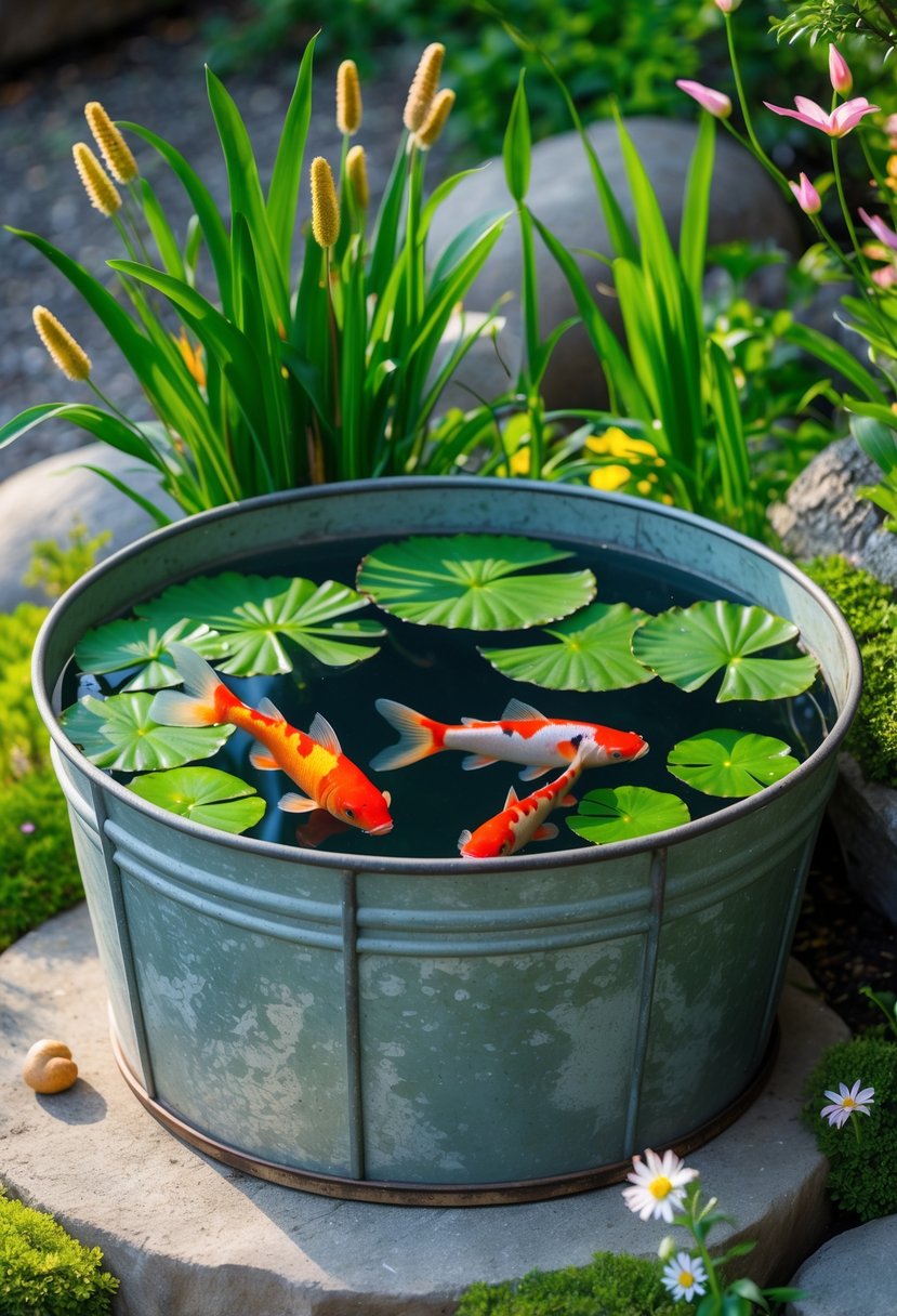 A vintage metal tub filled with water, aquatic plants, and colorful fish, set outdoors surrounded by greenery.