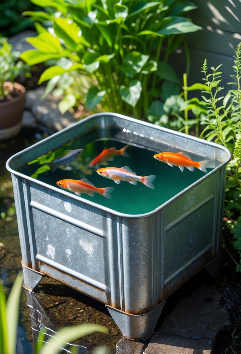 Rectangular galvanized metal planter filled with water and colorful fish, surrounded by green plants in a garden setting.