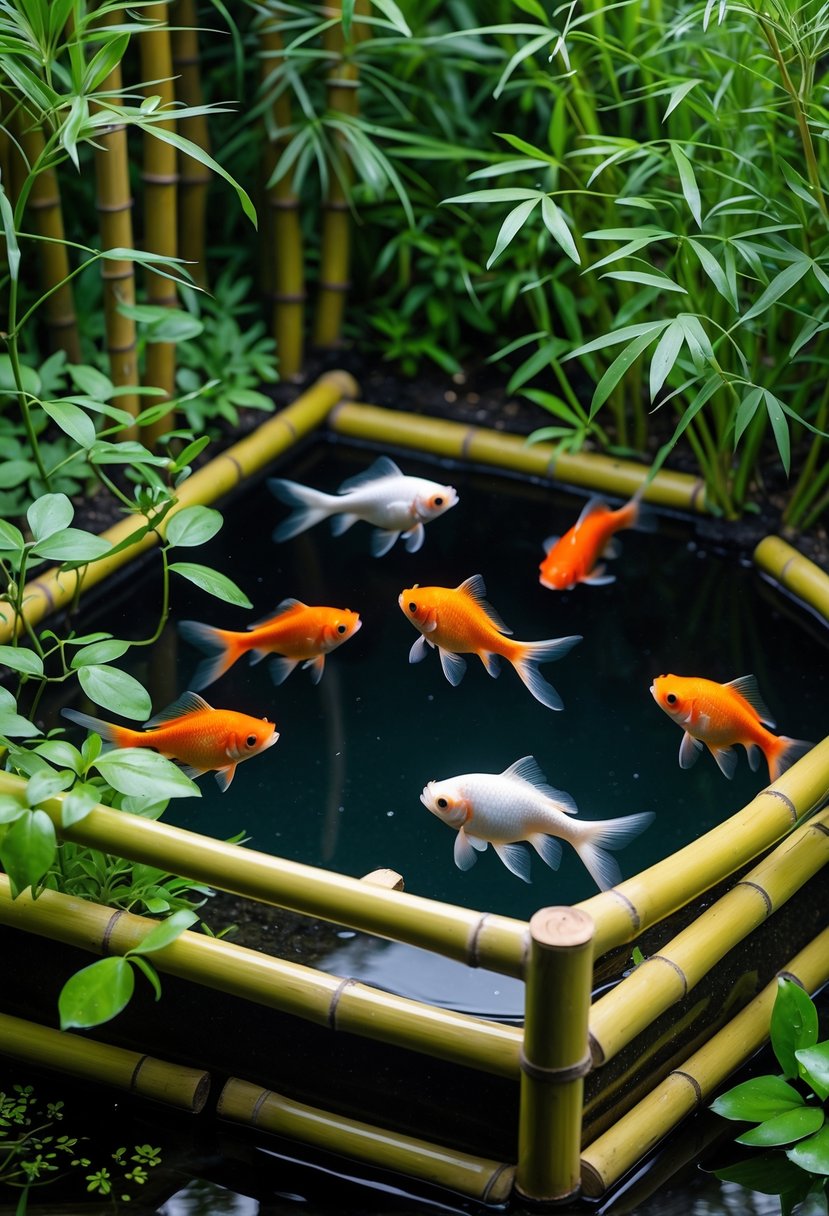A small bamboo pond with clear water and colorful goldfish swimming among green plants.