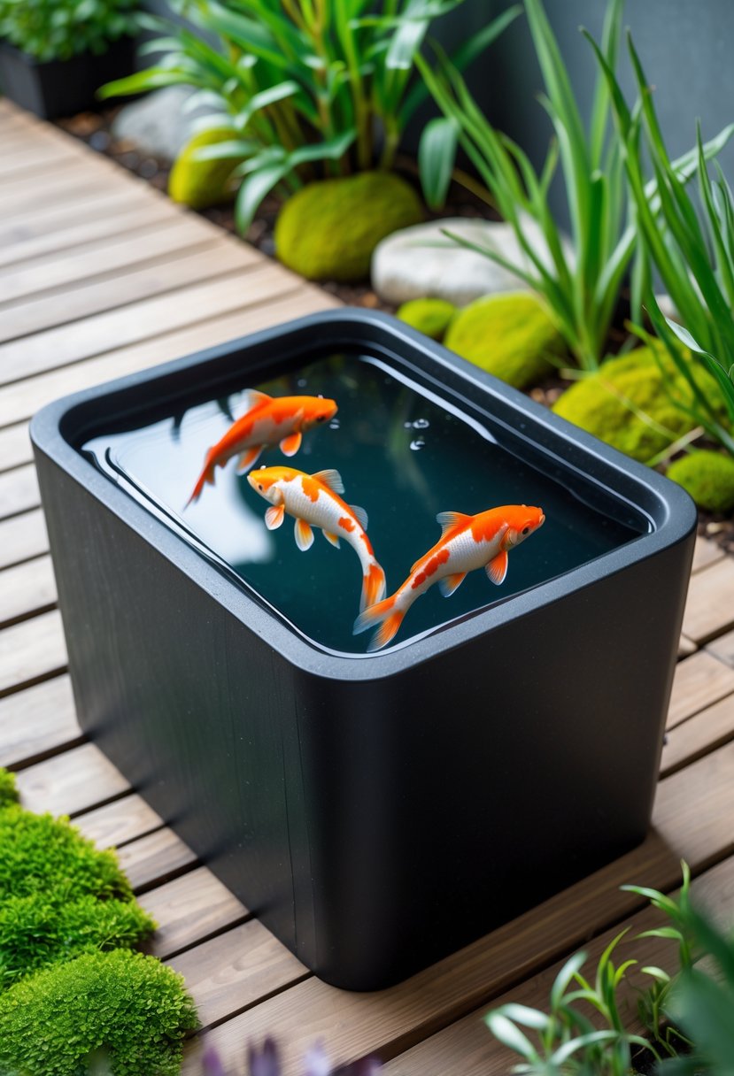 A small black fiberglass container pond with clear water and colorful fish, placed outdoors surrounded by green plants.