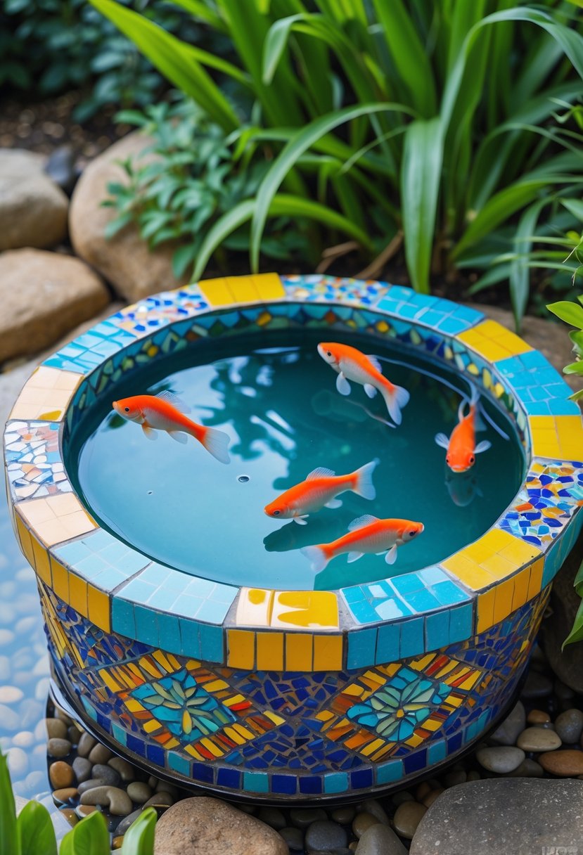 A small container pond with colorful mosaic tiles and several small fish swimming inside, surrounded by green plants and stones.