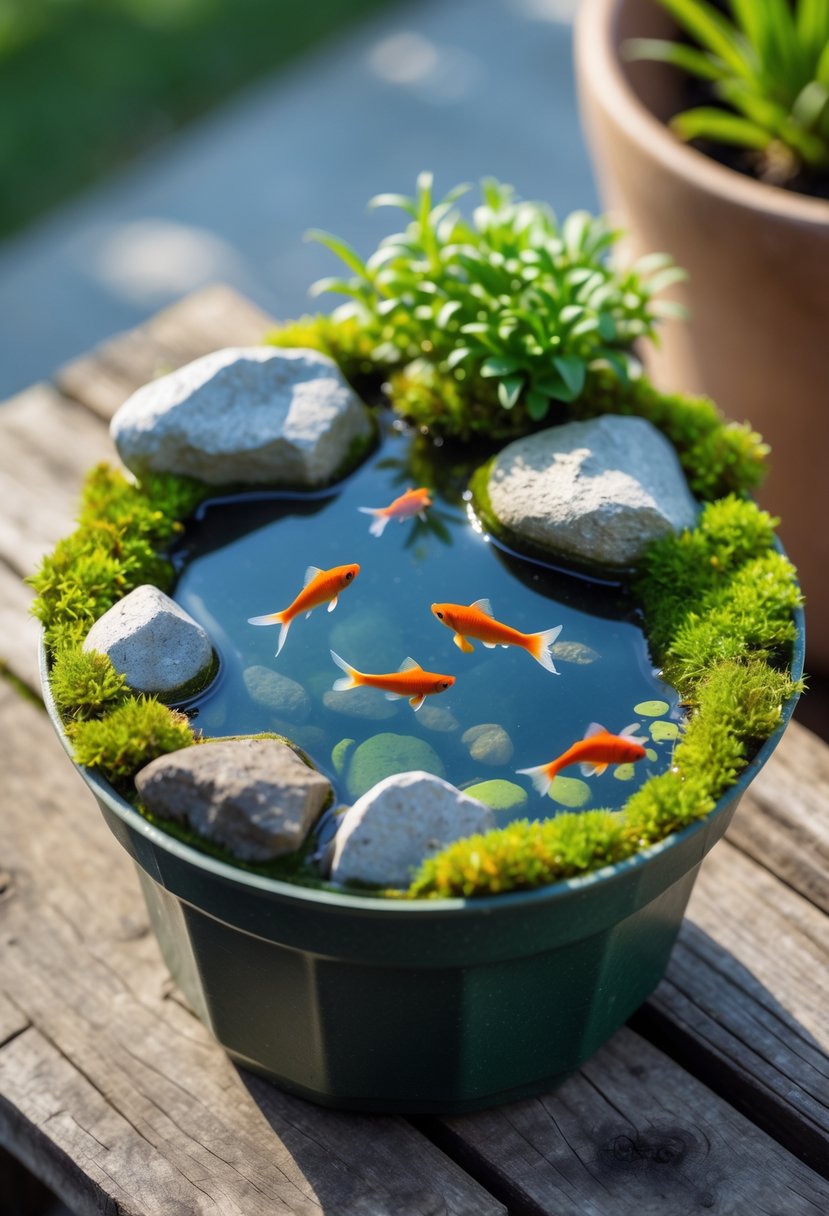 A small container pond with rocks, green moss, and colorful fish swimming in clear water.