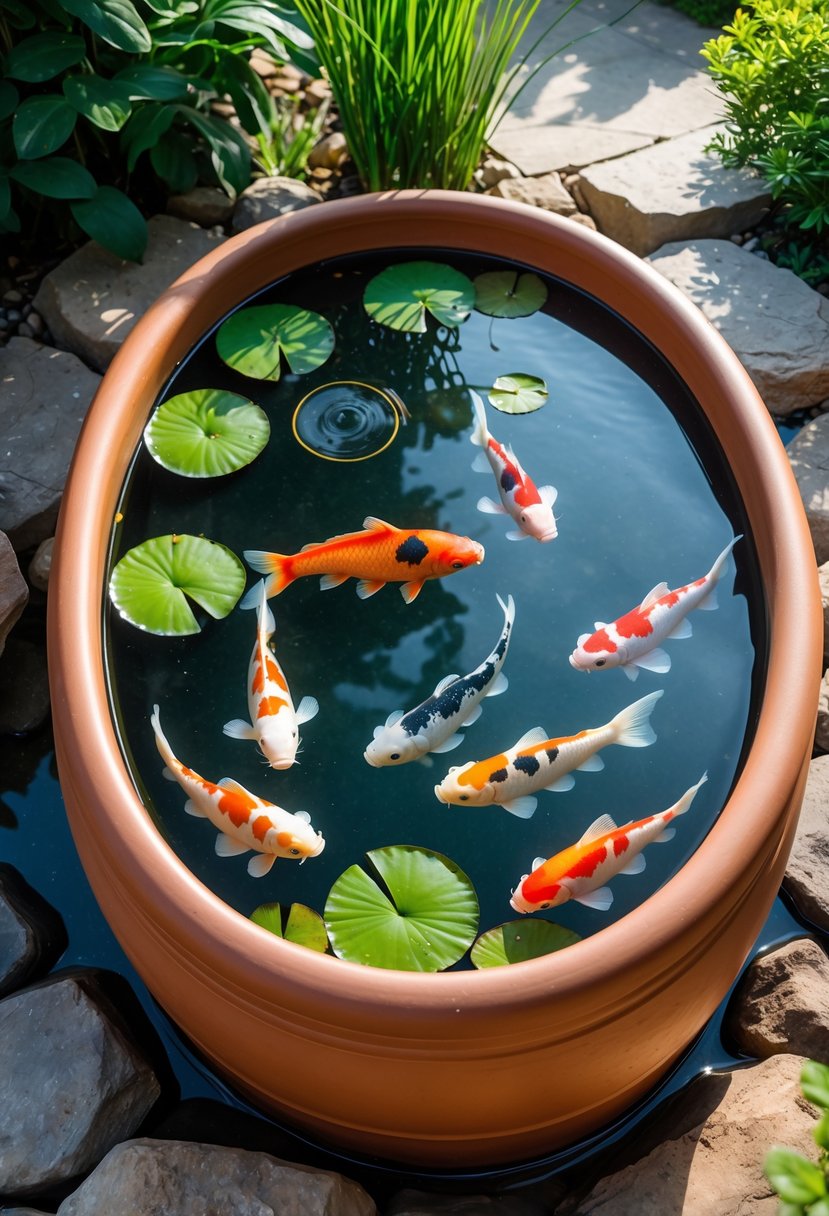 An oval terra cotta fish pond filled with colorful fish and aquatic plants in a small garden surrounded by greenery.
