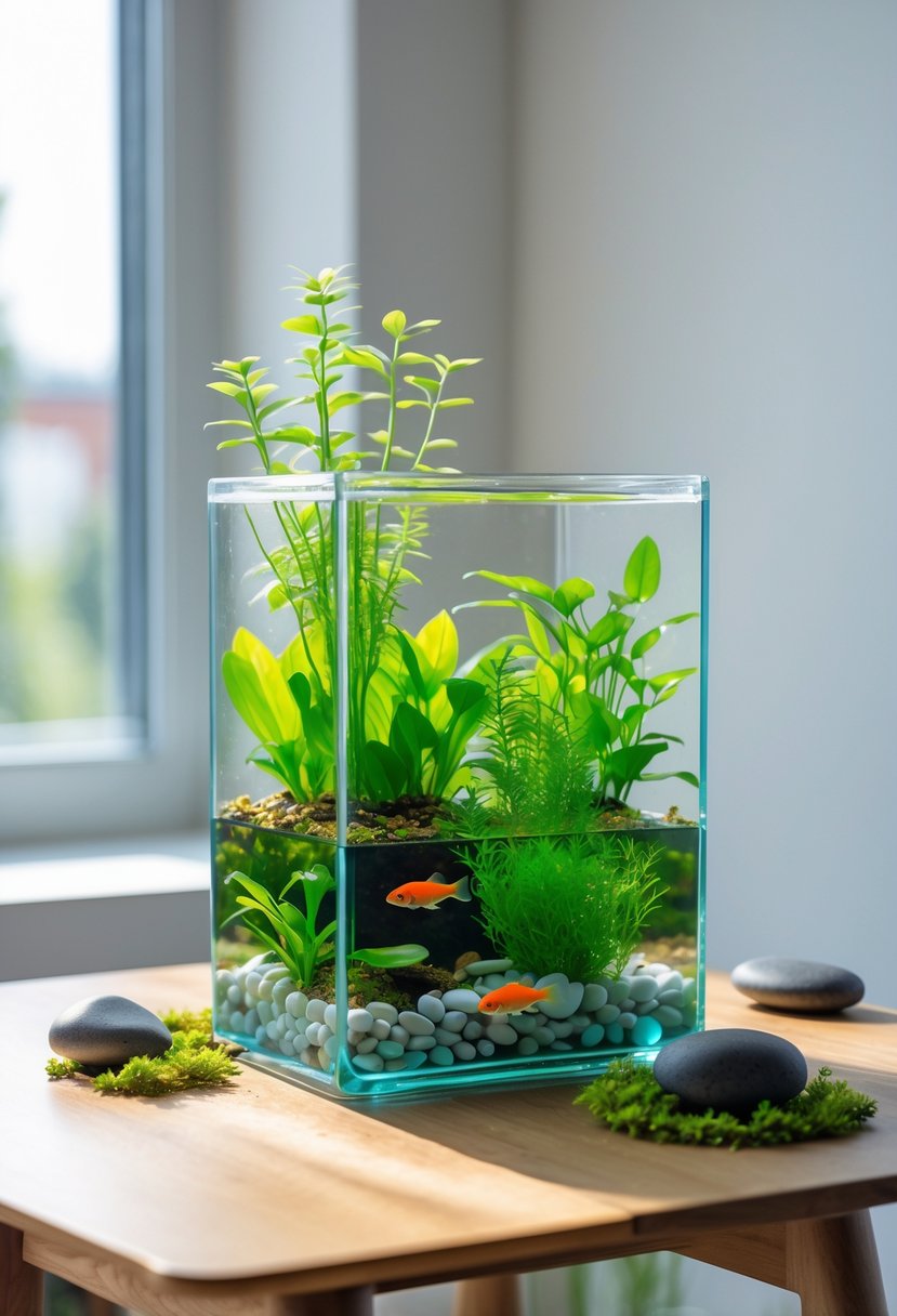 A small glass indoor aquarium planter with green aquatic plants and colorful fish on a wooden table near a window.