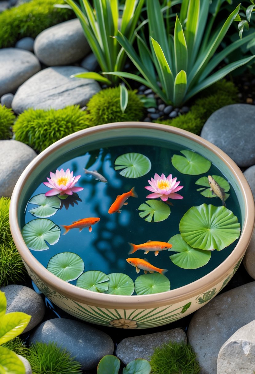 A small container pond with clear water, aquatic plants, colorful fish, and surrounding greenery in a garden.