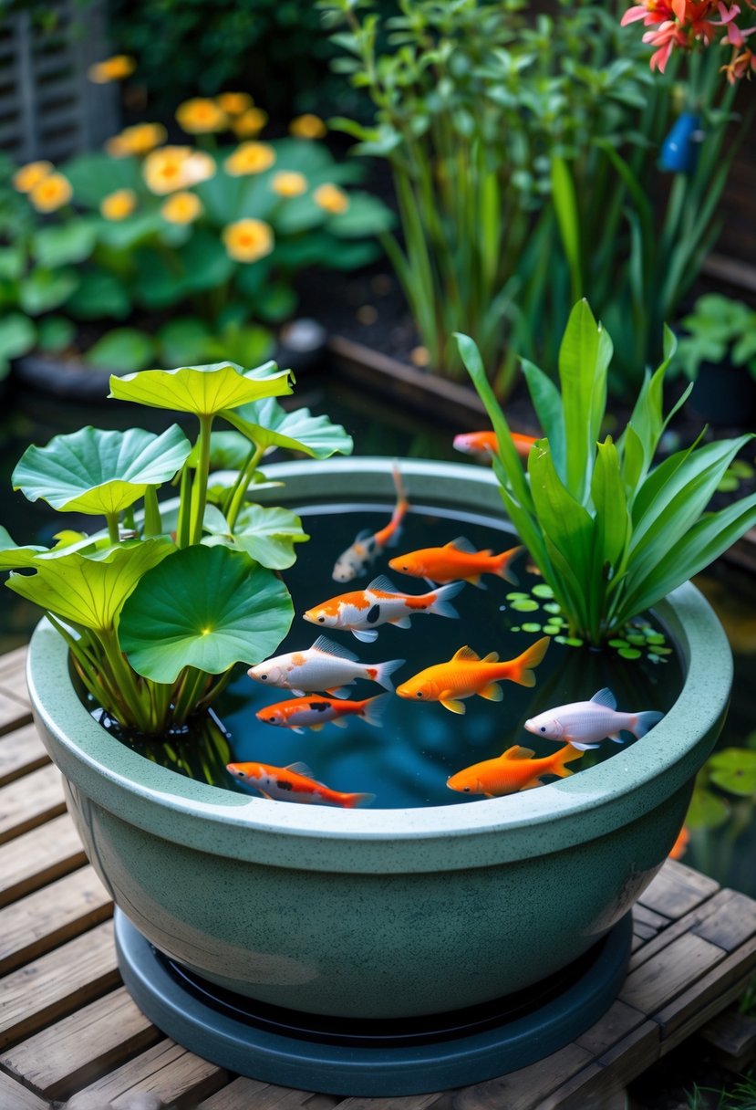 A small outdoor container pond with clear water, colorful fish swimming, and green aquatic plants around the basin.
