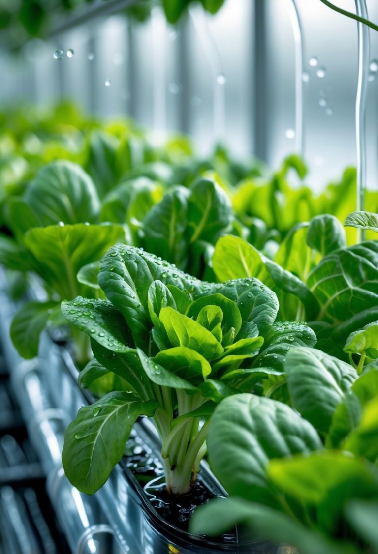 Close-up of green leafy vegetables growing in a hydroponic garden without soil or seeds.