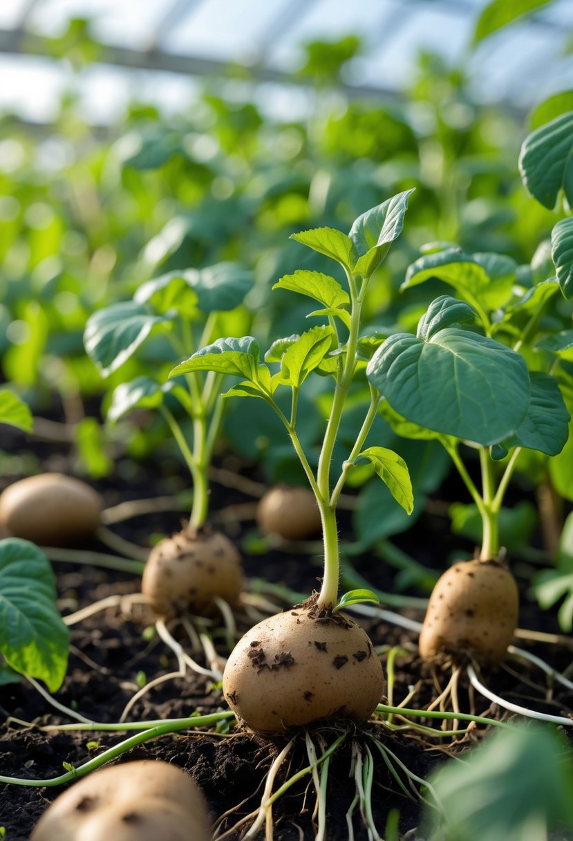 Close-up of vegetable plants growing new shoots and roots from tubers and stem cuttings in a garden.