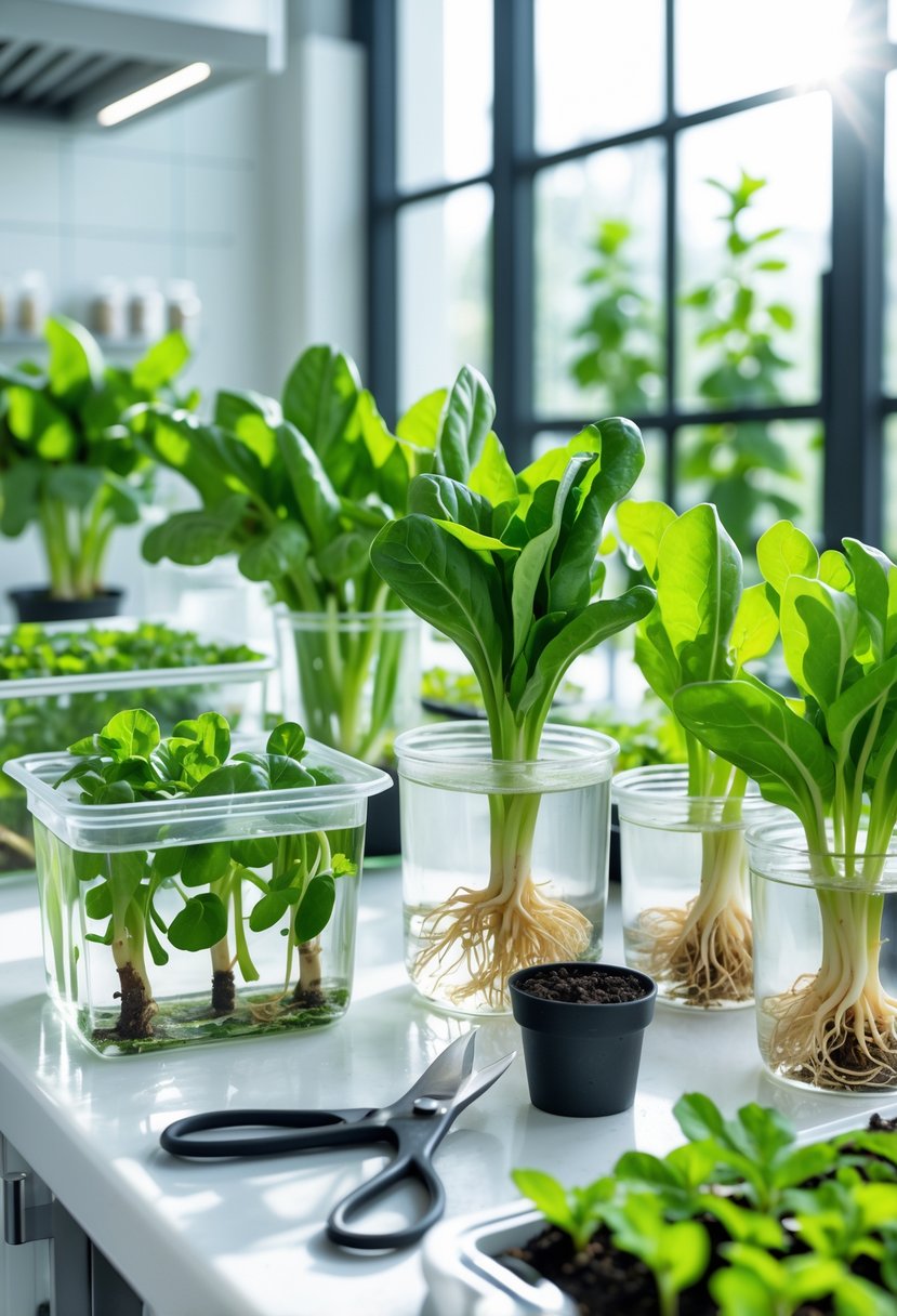 Indoor garden setup showing vegetables growing from cuttings and water without seeds, with green plants and roots visible in clear containers.