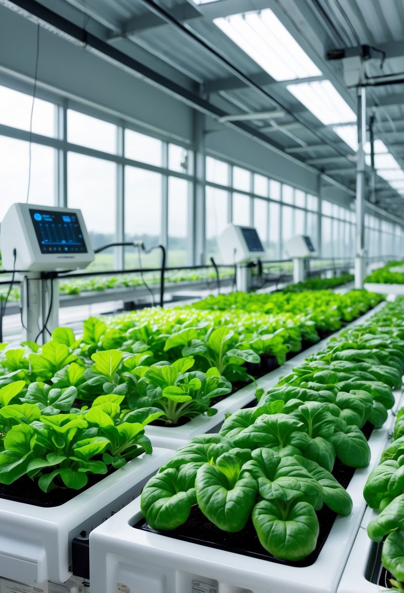 Rows of green vegetables growing in water-based hydroponic trays inside a modern farm with natural light and advanced equipment.