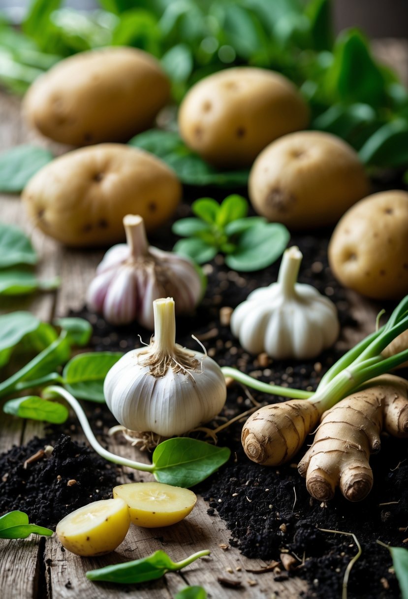 A variety of vegetables including potatoes, garlic, and ginger showing sprouts and shoots growing without seeds on a wooden surface.