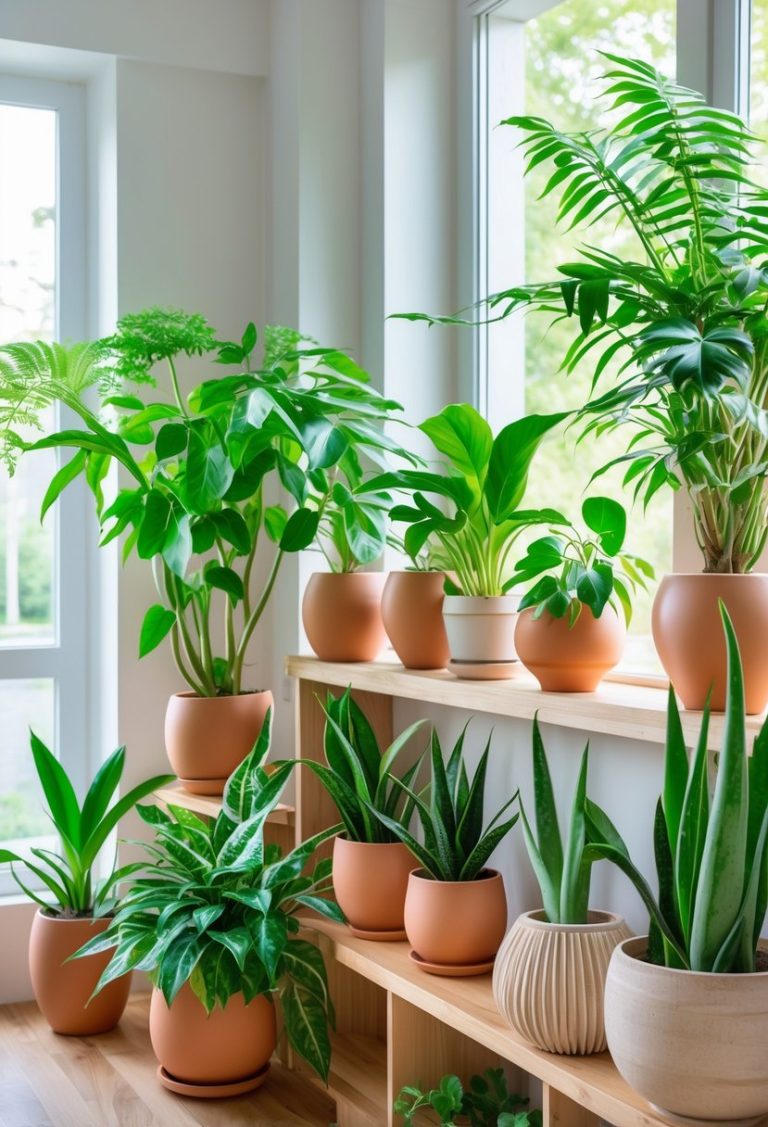 A variety of eight healthy indoor plants in pots arranged on shelves and a windowsill in a bright living room.