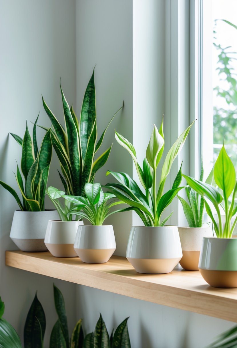 A collection of healthy indoor houseplants on a wooden shelf and windowsill in a bright room with natural light.