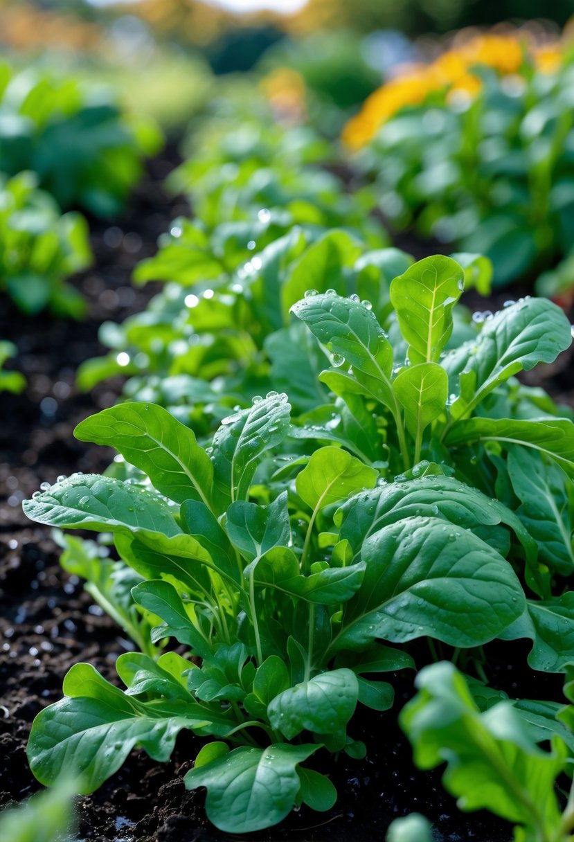 Close-up of fresh arugula plants growing in a fall vegetable garden with soil and other plants in the background.